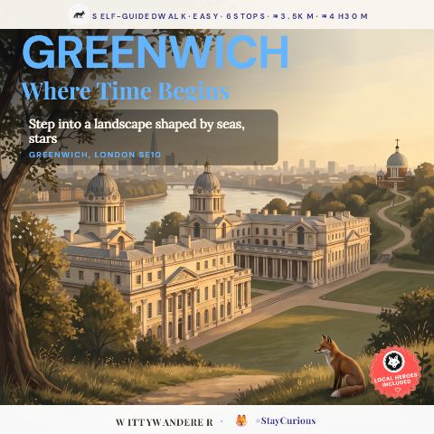 Illustrated cover art for the Greenwich walking tour, showing a maritime skyline and a fox on the path